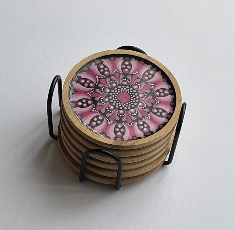 Coaster Set of 6 Pink Mandala Hand Painted Unique With Metal Coaster Holder