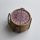 Coaster Set of 6 Pink Mandala Hand Painted Unique With Metal Coaster Holder
