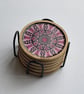 Coaster Set of 6 Pink Mandala Hand Painted Unique With Metal Coaster Holder