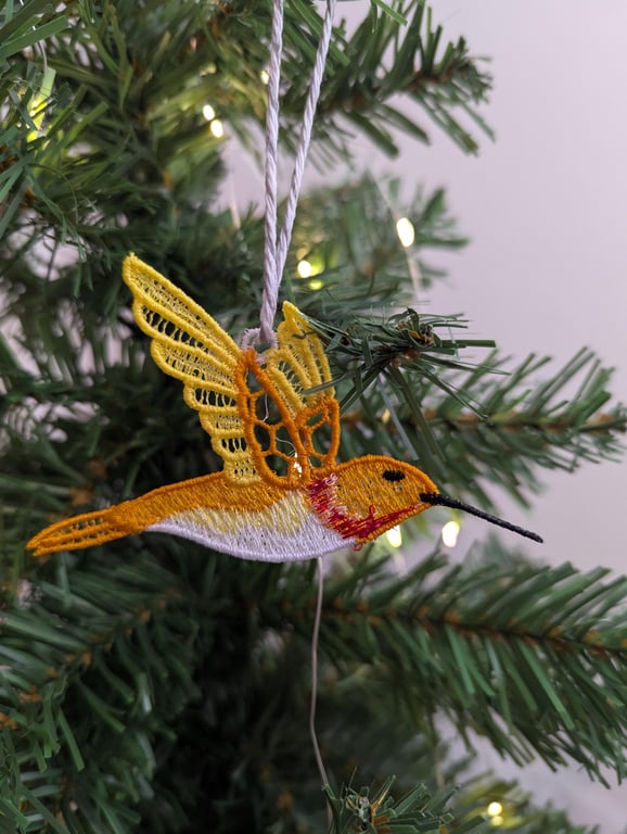 Lace Hummingbird Ornament: Machine Embroidery Hanging Decoration