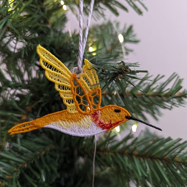 Lace Hummingbird Ornament: Machine Embroidery Hanging Decoration