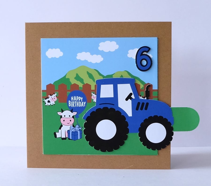 Boys 'Pull Tab Farm Tractor Birthday Card with Cow (2nd, 3rd, 4th, 5th, 6th) 