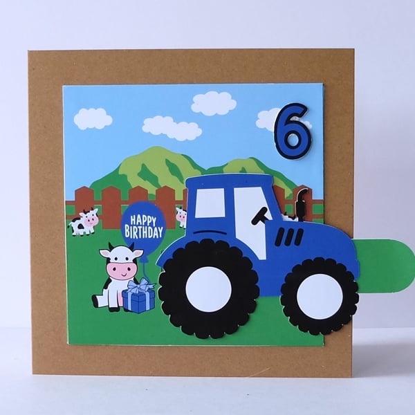 Boys 'Pull Tab Farm Tractor Birthday Card with Cow (2nd, 3rd, 4th, 5th, 6th) 