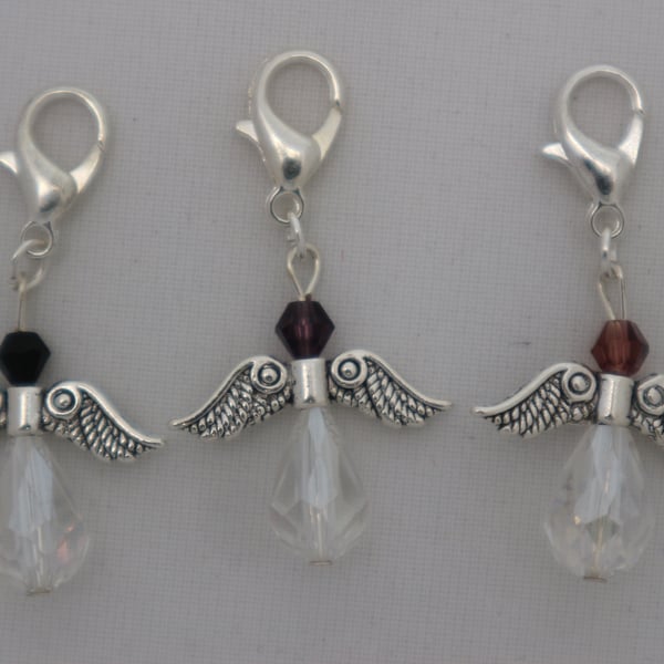 Crochet stitch markers - silver angel x3 in gothic clear