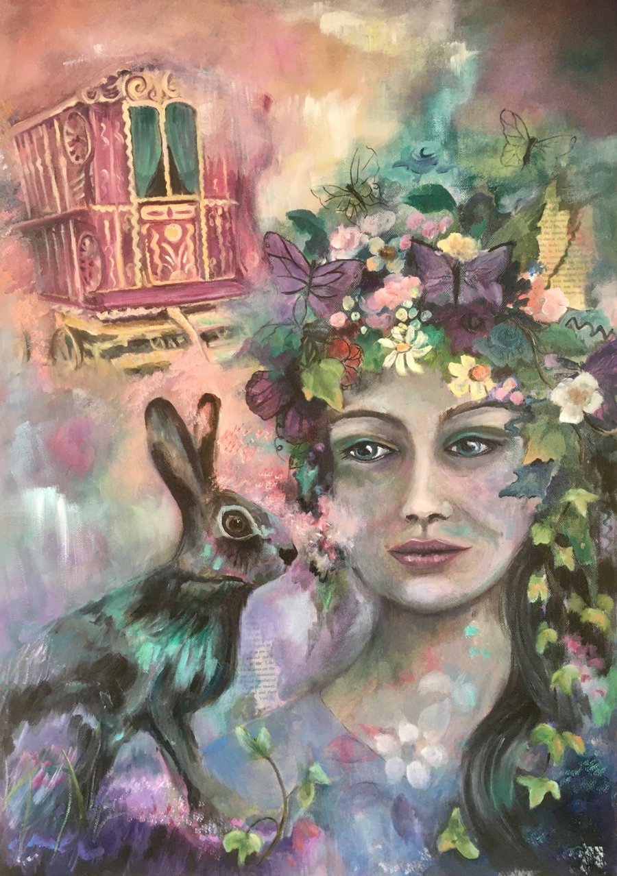 Nature Woman with Hare & Gypsy Caravan – Original Mixed-Media Painting
