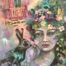 Nature Woman with Hare & Gypsy Caravan – Original Mixed-Media Painting