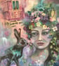 Nature Woman with Hare & Gypsy Caravan – Original Mixed-Media Painting