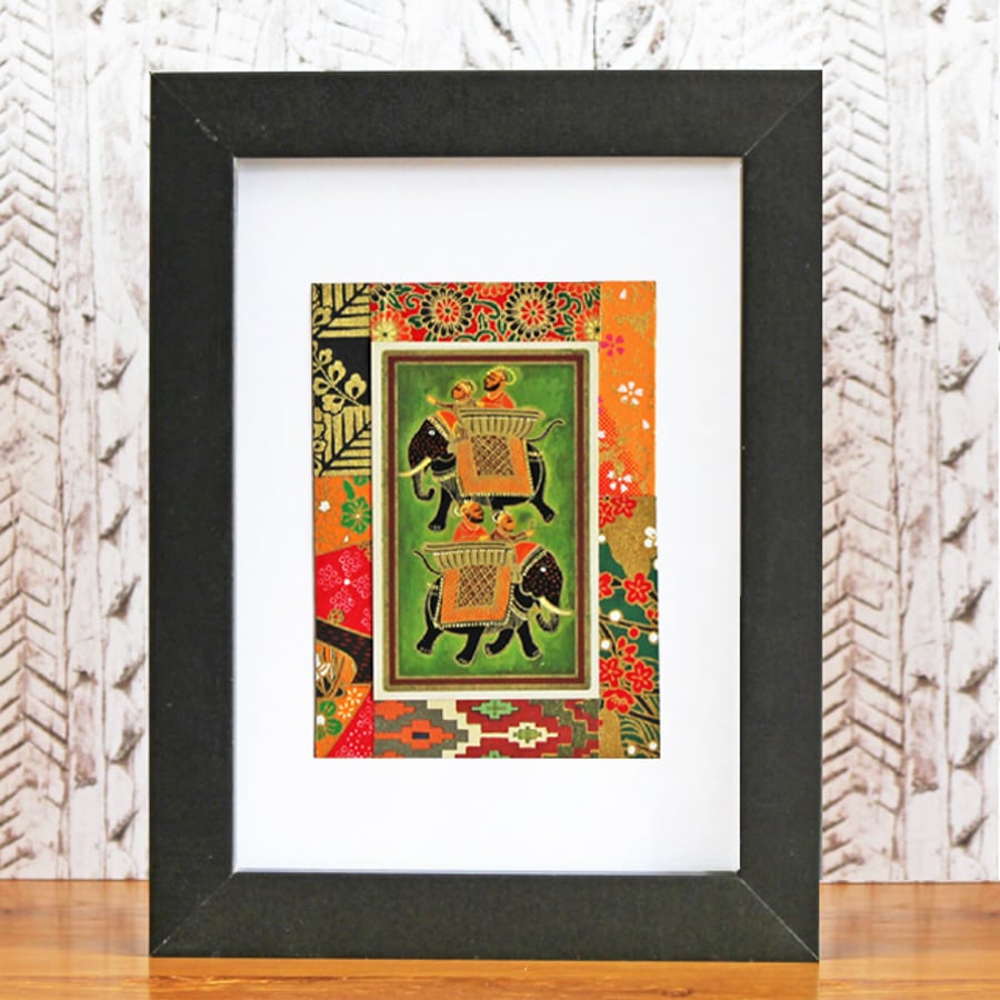 Handmade card. Collage: Elephants on green