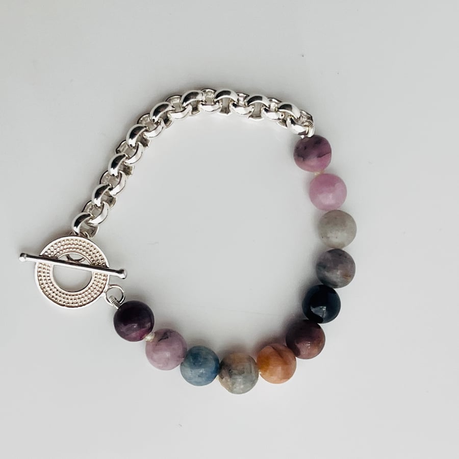 Asymmetric Matte Sapphire & Sterling-Silver Chain Bracelet & Toggle Clasp