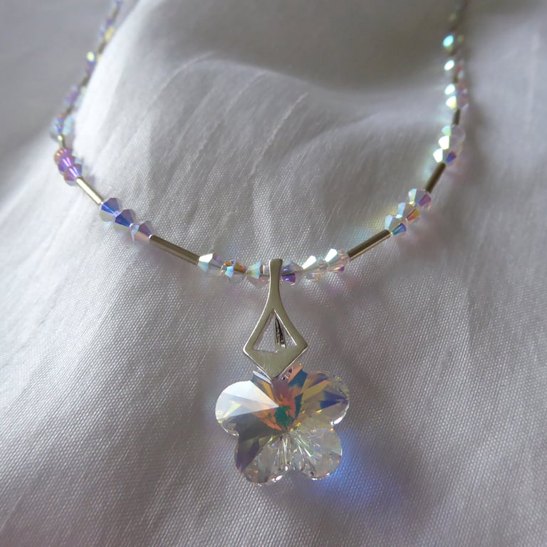 Flower Pendant Necklace in Sterling Silver with Swarovski AB coated Crystals
