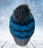 Crochet hat, beanie. Blue and grey ombre ladies swirl pom pom hat. Ladies hat. - Image 3