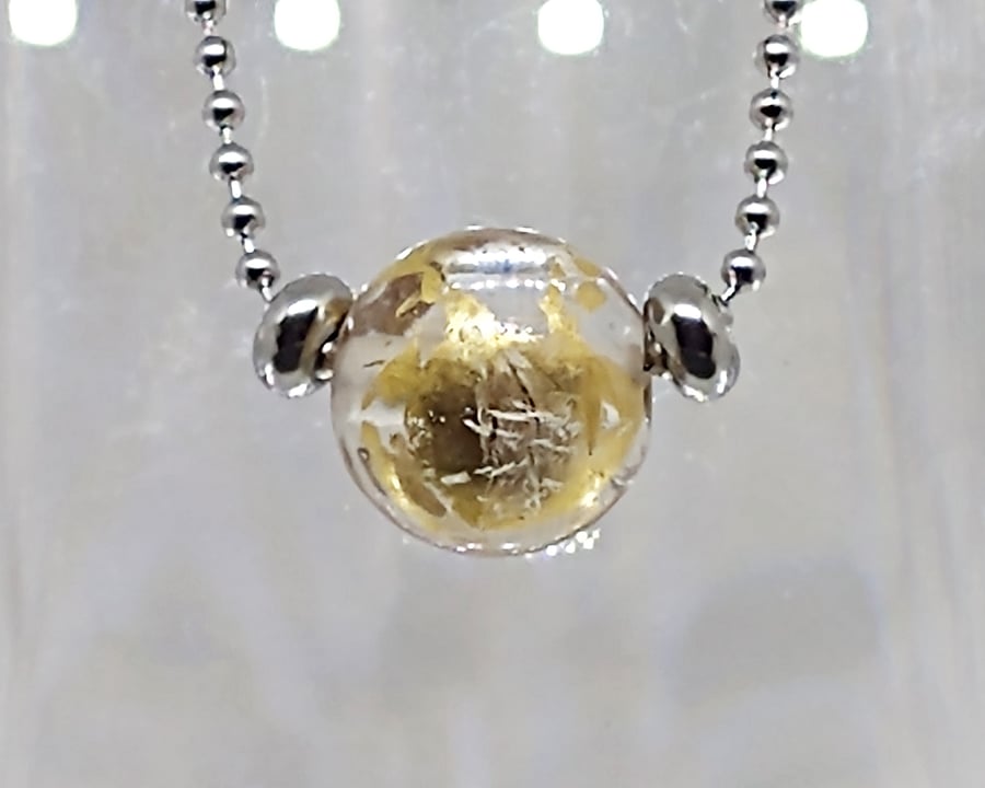 Single Orb Necklace - Golden 23K leaf lampwork glass bead necklace 