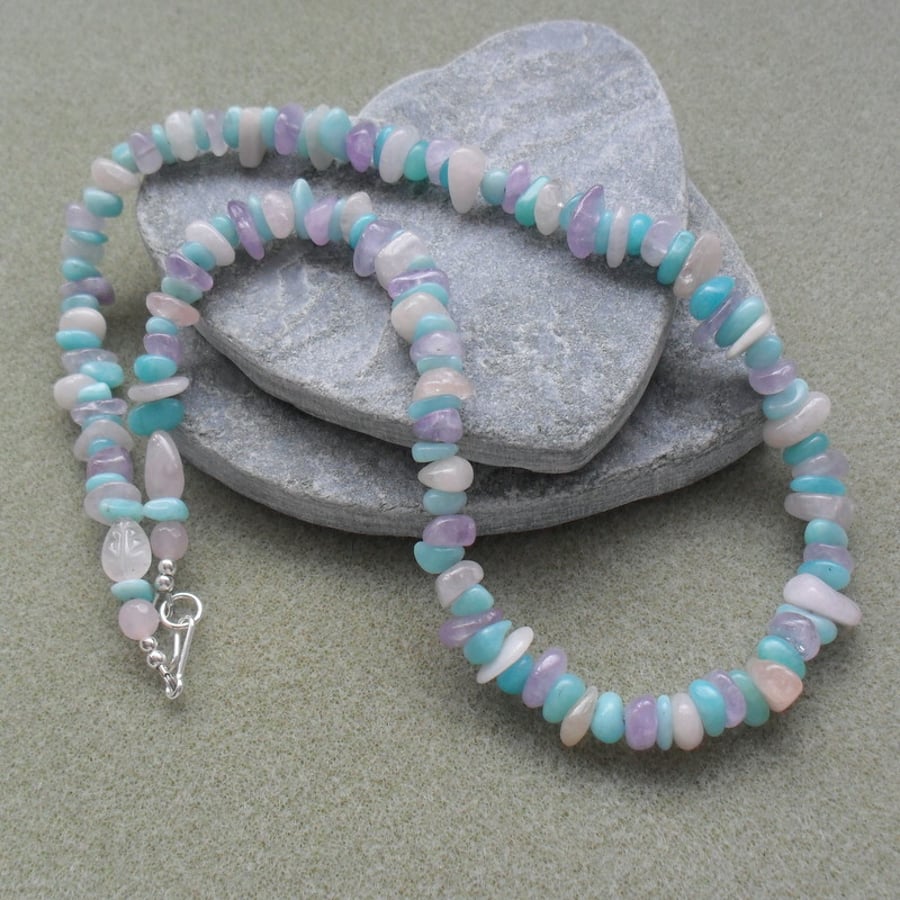 Lilac Amethyst Amazonite and Morganite Semi Precious Gemstone Necklace