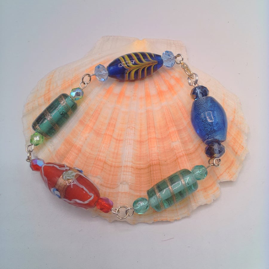 Multi Coloured Lampwork Bead and Crystal Rosary Style Bracelet, Gift for Her