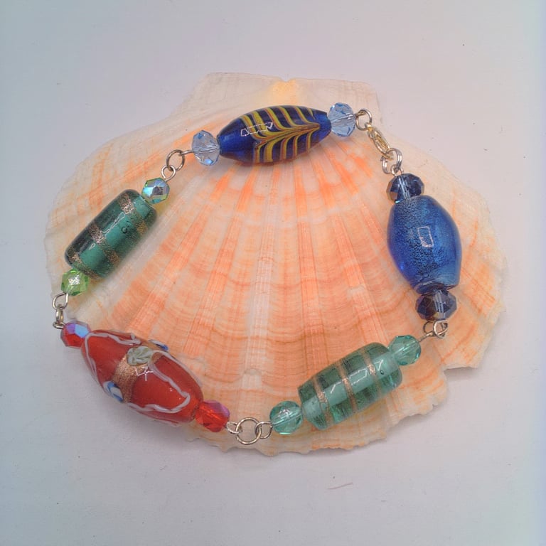 Multi Coloured Lampwork Bead and Crystal Rosary Style Bracelet, Gift for Her