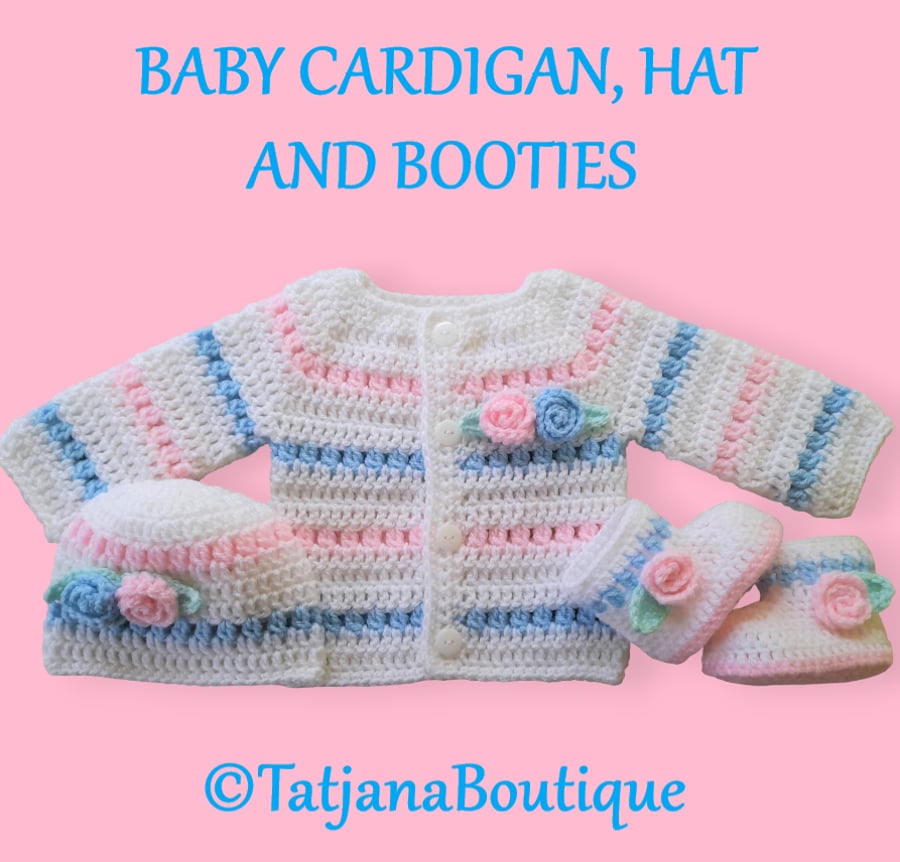 Crochet Pattern Baby Cardigan, Hat and Booties, Same Day Delivery PDF 120