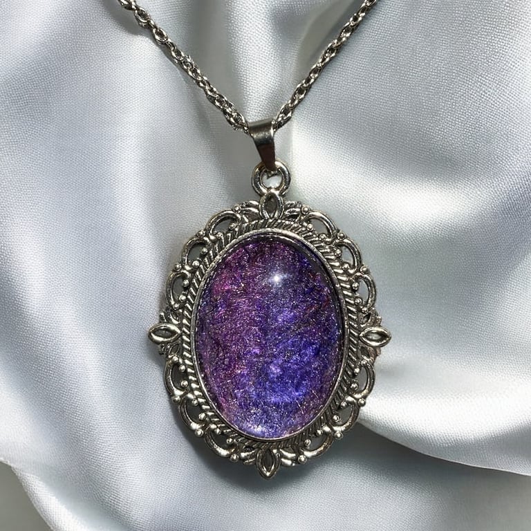 Vintage style purple wool and silk pendant necklace with glass cabochon