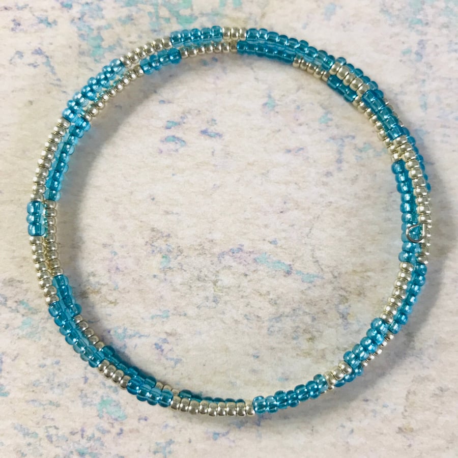Aqua & Silver Seed Beaded Memory Wire Bracelet