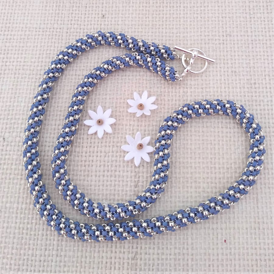 18" Soft Blue and Silver Seed Beaded Tubular Rope Necklace
