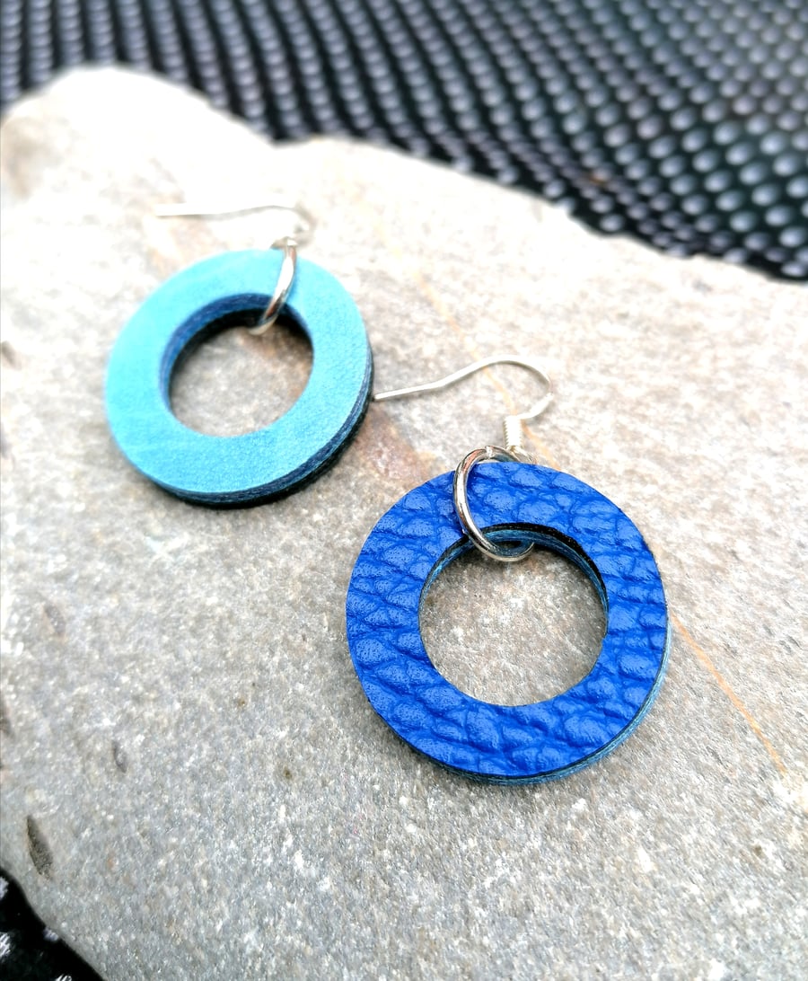 Mini Colour Duo Leather Hoop Earrings - Double Blue, Sterling Silver