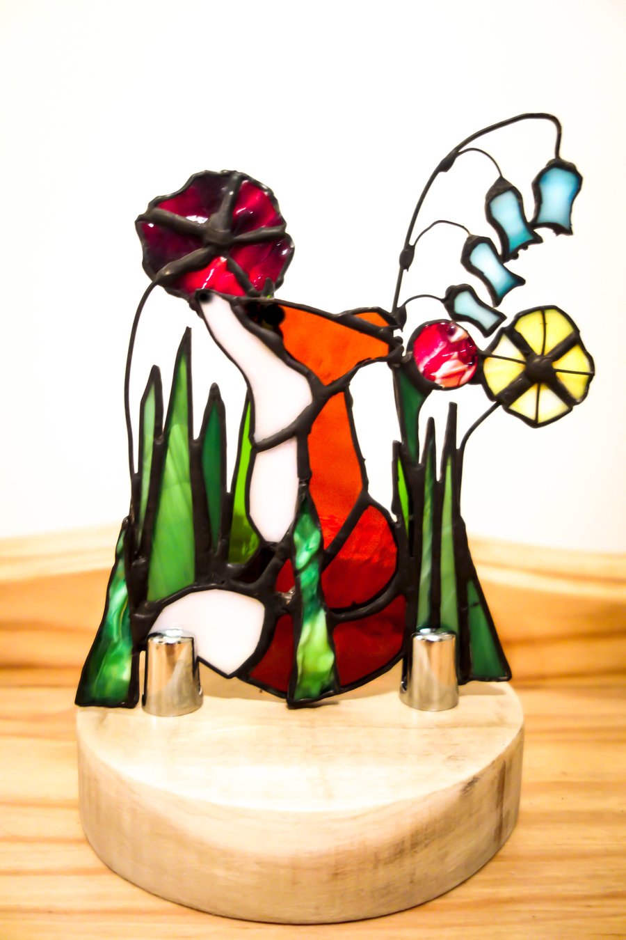 Stained Glass Woodland Fox in Flowers Suncatcher -  Night Light Tea Light Holder