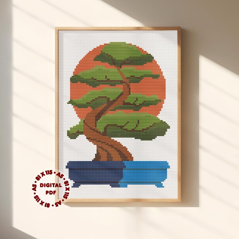 Bonsai Tree Cross Stitch Pattern (Needlepoint Compatible), Instant Download PDF 