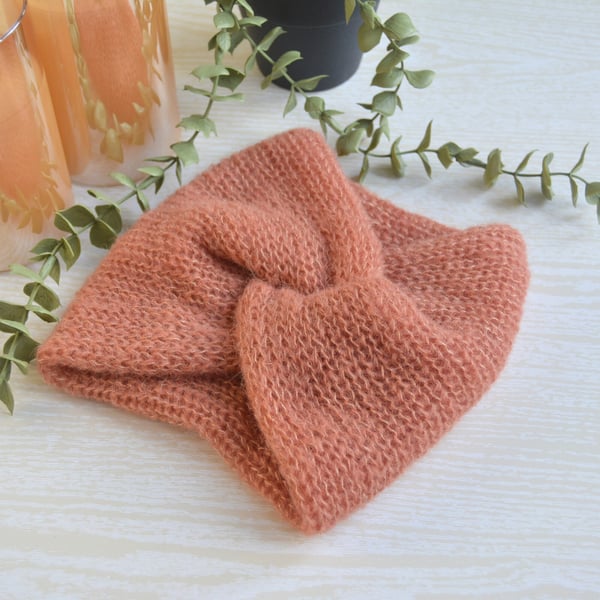 Knitted Wide Headband Soft As A Cloud Twisted Headband Alpaca Silk Soft Pumpkin