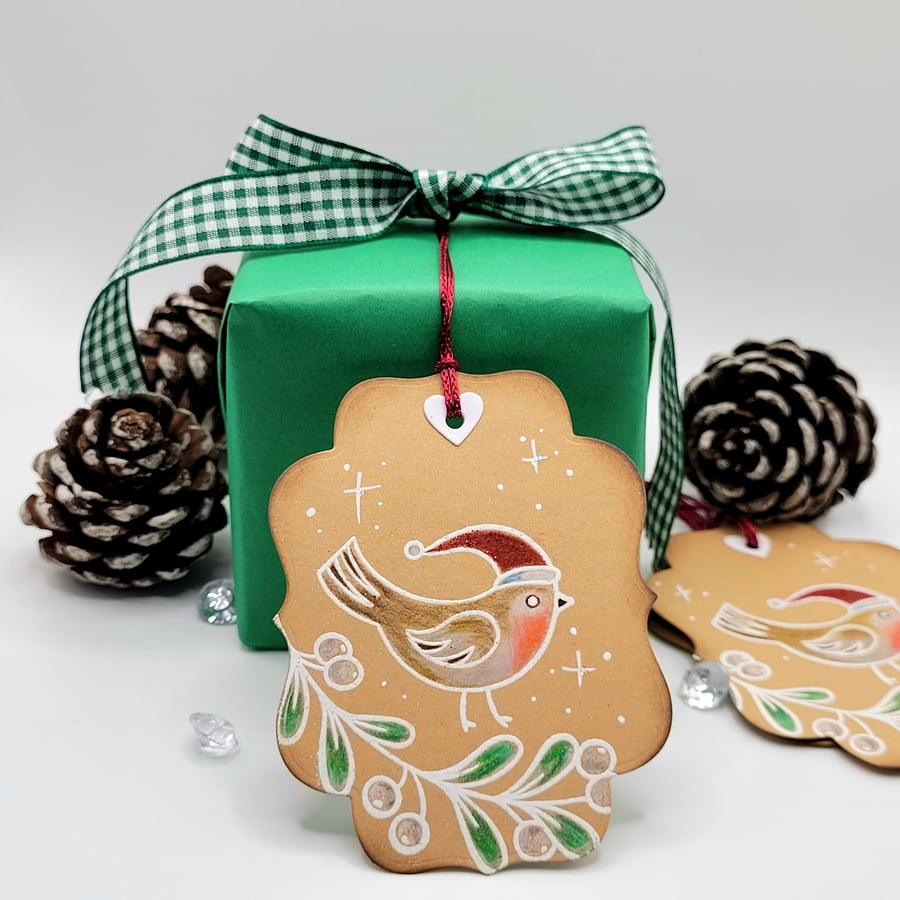 Robin and Mistletoe Gift Tags -  embossed gift tag set 4 - retro vibe