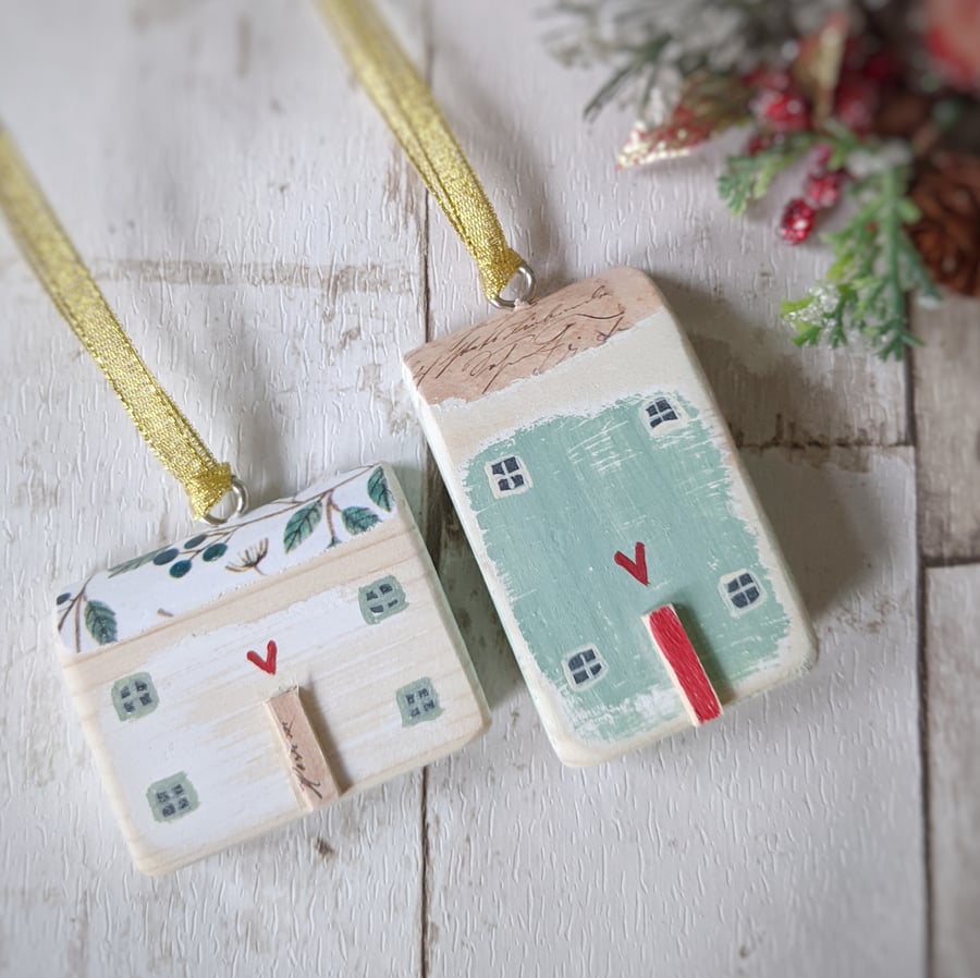 Set of 2 Wooden Christmas House Hanging Decorations