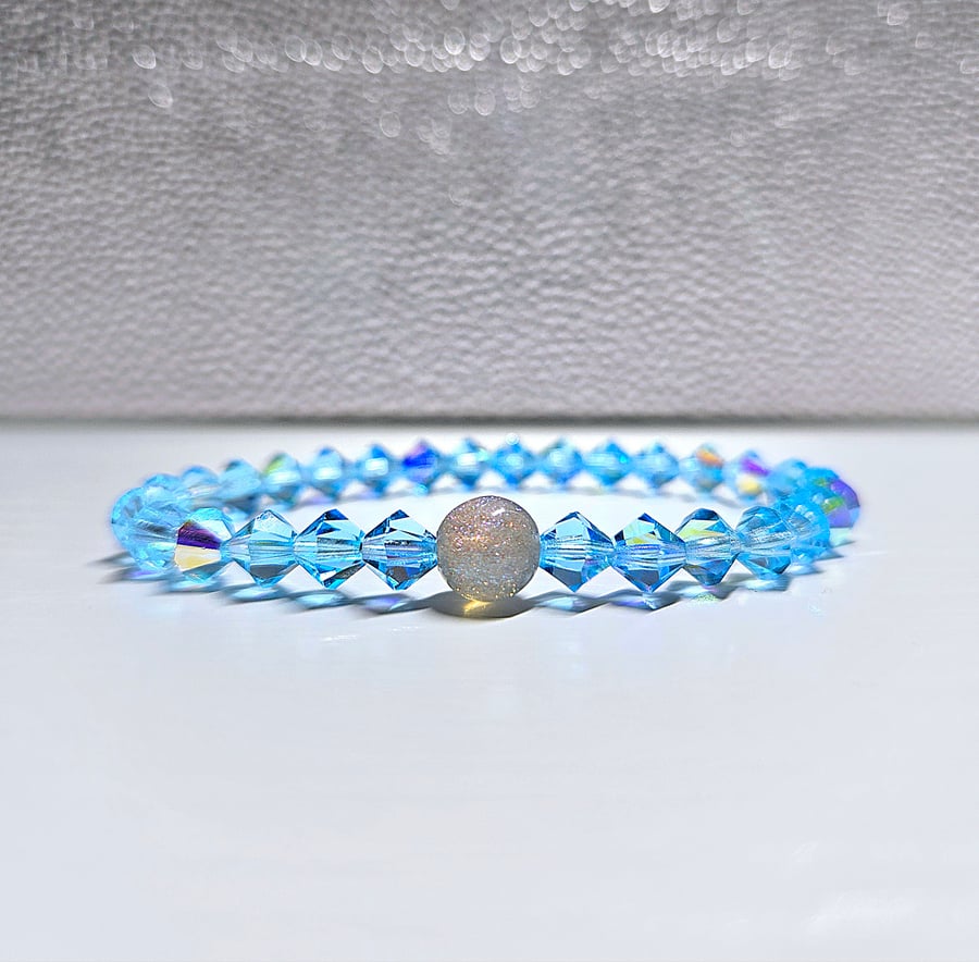 Blue Aquamarine AB Bicone Preciosa Crystals Bead Bracelet
