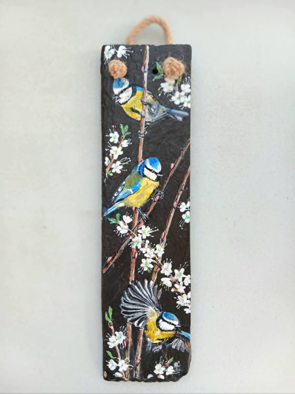 'Blossom & Blue Tits' Original Painting on Welsh Slate