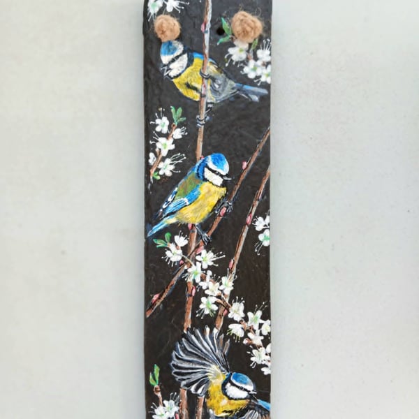 'Blossom & Blue Tits' Original Painting on Welsh Slate