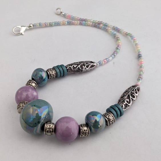 Turquoise and lilac ceramic bead necklace - 1002603