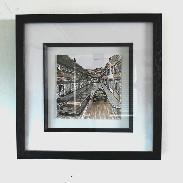 'High Street', An original Pen and Ink drawing, frames 13x13inch (33x33cm)