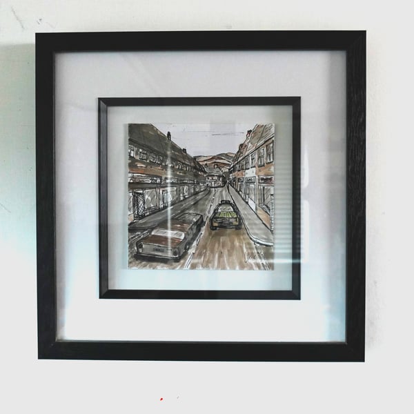 'High Street', An original Pen and Ink drawing, frames 13x13inch (33x33cm)