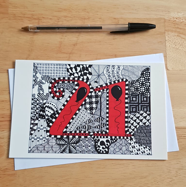 21st Birthday Card - Bold Red And Black Doodle Art Milestone Card