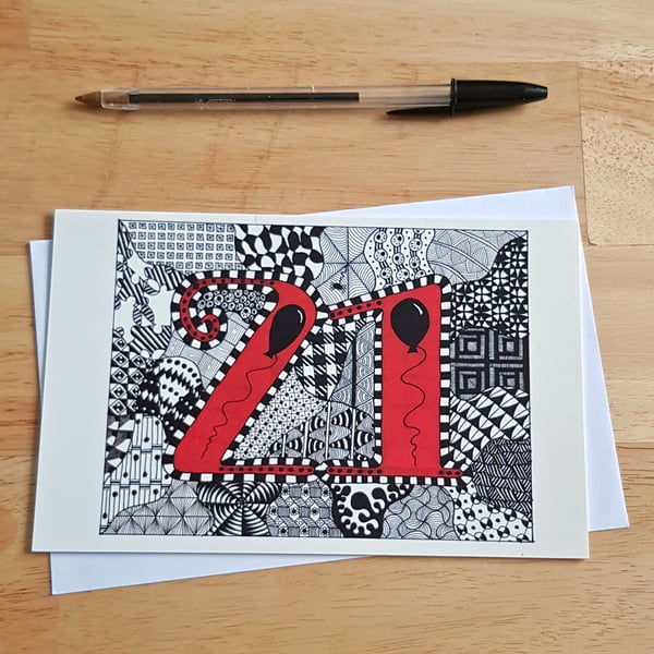 21st Birthday Card - Bold Red And Black Doodle Art Milestone Card