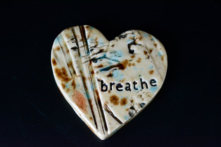Handmade Ceramic "Breathe" Heart - Textured Worry Stone - Mindful Pocket Charm