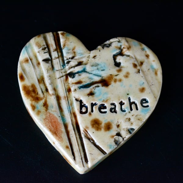 Handmade Ceramic "Breathe" Heart - Textured Worry Stone - Mindful Pocket Charm