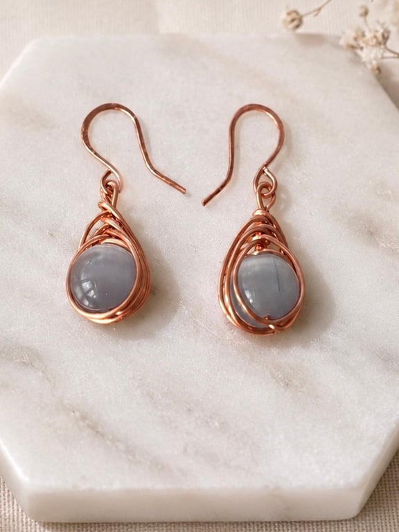 Copper Wire Wrapped Herringbone Style Cats Eye Earrings