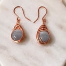 Copper Wire Wrapped Herringbone Style Cats Eye Earrings