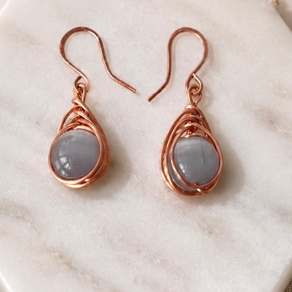 Copper Wire Wrapped Herringbone Style Cats Eye Earrings