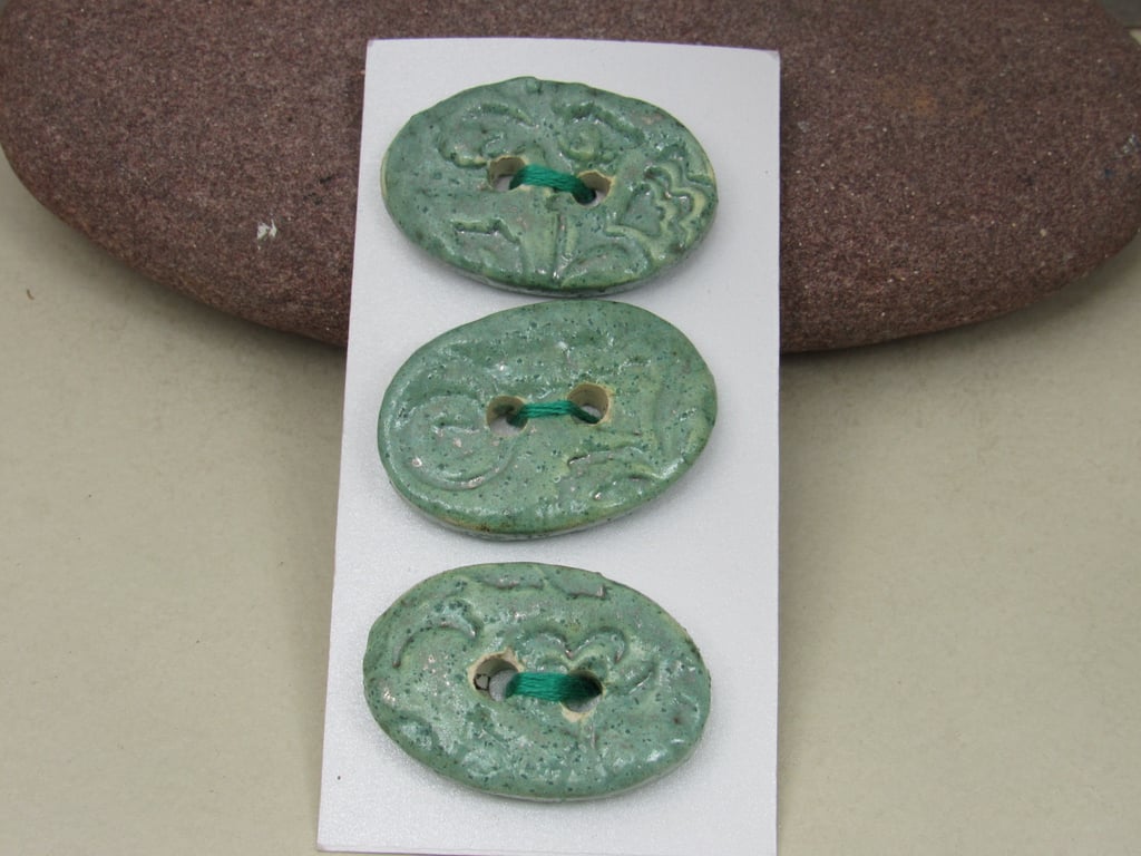 3 Medium Oval Matte Sage Green Brocade Pattern Handmade Ceramic Buttons