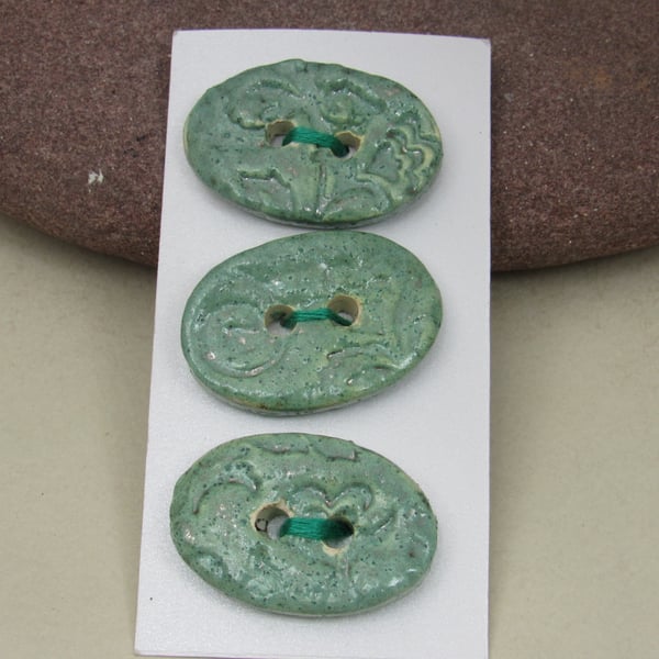 3 Medium Oval Matte Sage Green Brocade Pattern Handmade Ceramic Buttons
