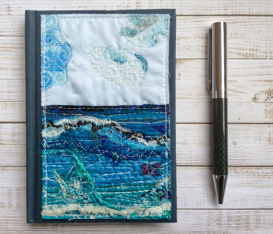 A5 Embroidered up-cycled seascape address book, A-Z book or birthday book.  