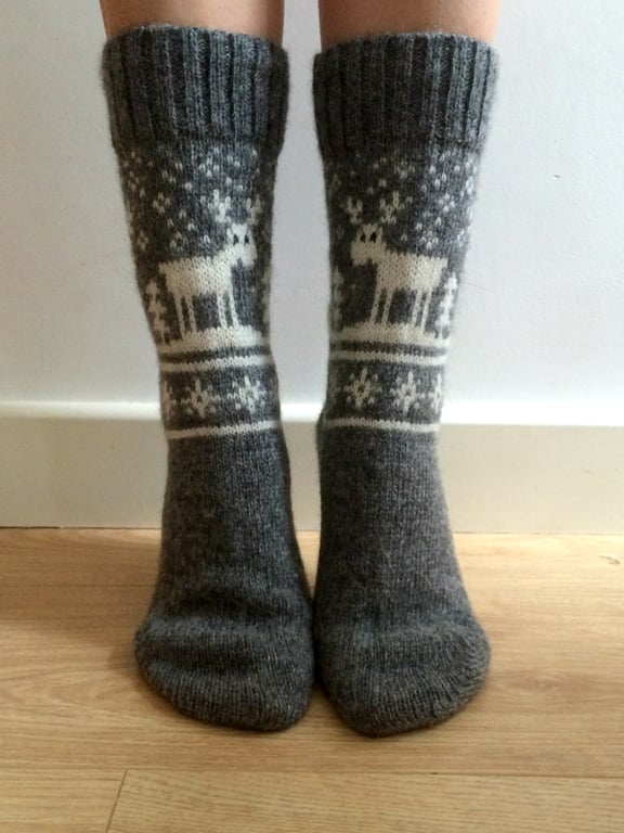 READY TO SHIP Grey Wool Socks White Reindeer Deer Buck Christmas Nordic