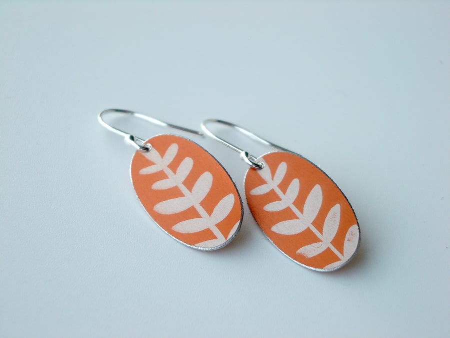 Orange leaf oval earrings