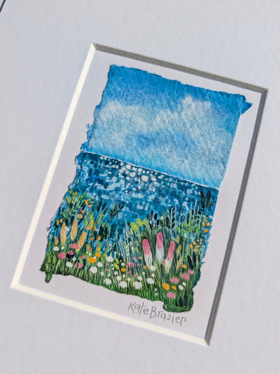 The sun sparkled on the waves - Original miniature. A5 Mounted