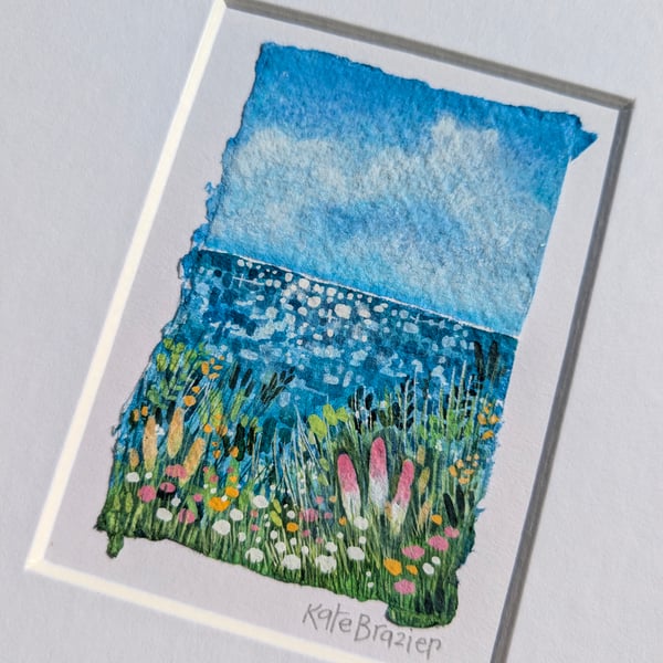 The sun sparkled on the waves - Original miniature. A5 Mounted