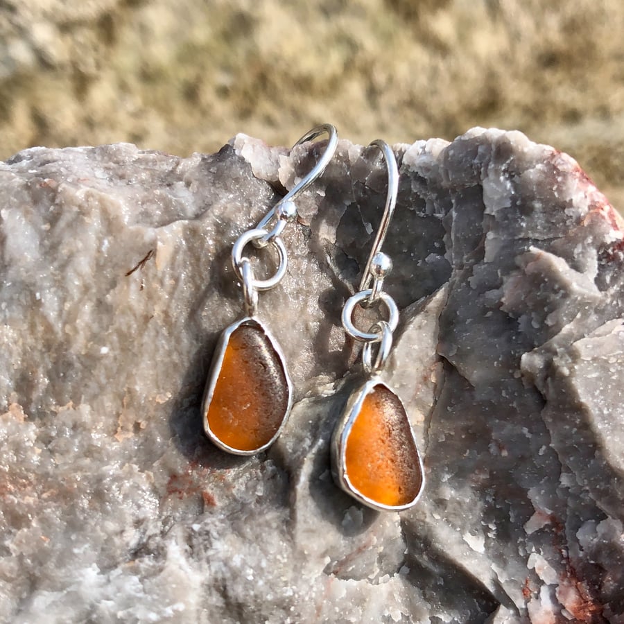 Golden Brown Sea Glass  and Sterling Silver Drop Earrings - 1042